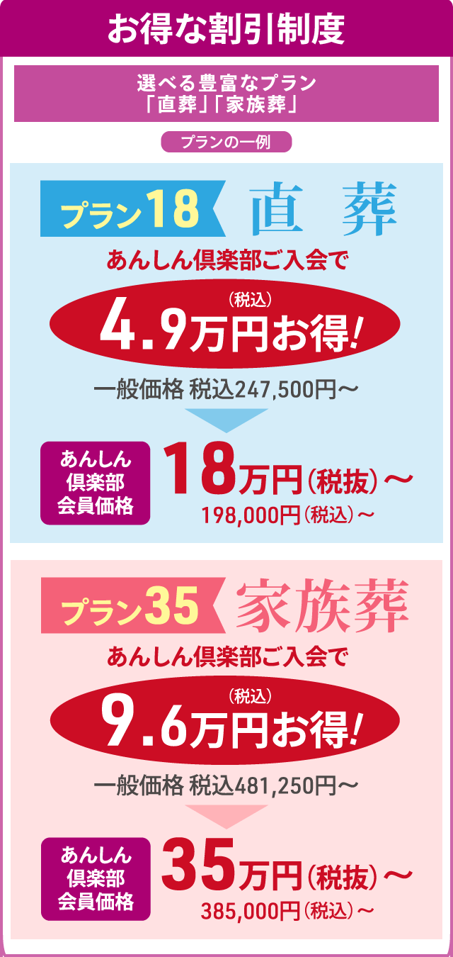 ＜　お得な割引制度　＞選べる豊富なプラン「直葬」「家族葬」